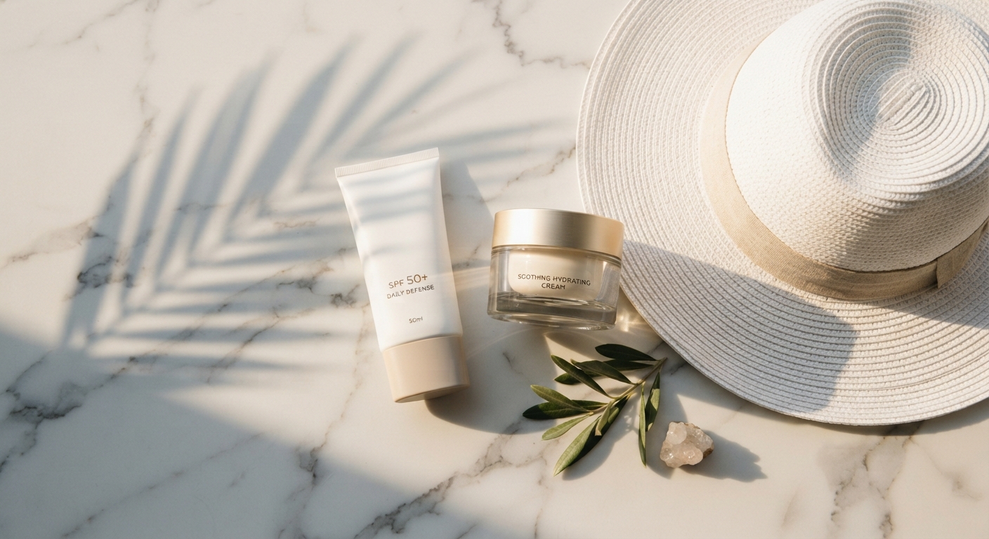 שפופרת קרם הגנה SPF 50 וצנצנת קרם לחות לצד כובע קש רחב שוליים על משטח שיש יוקרתי