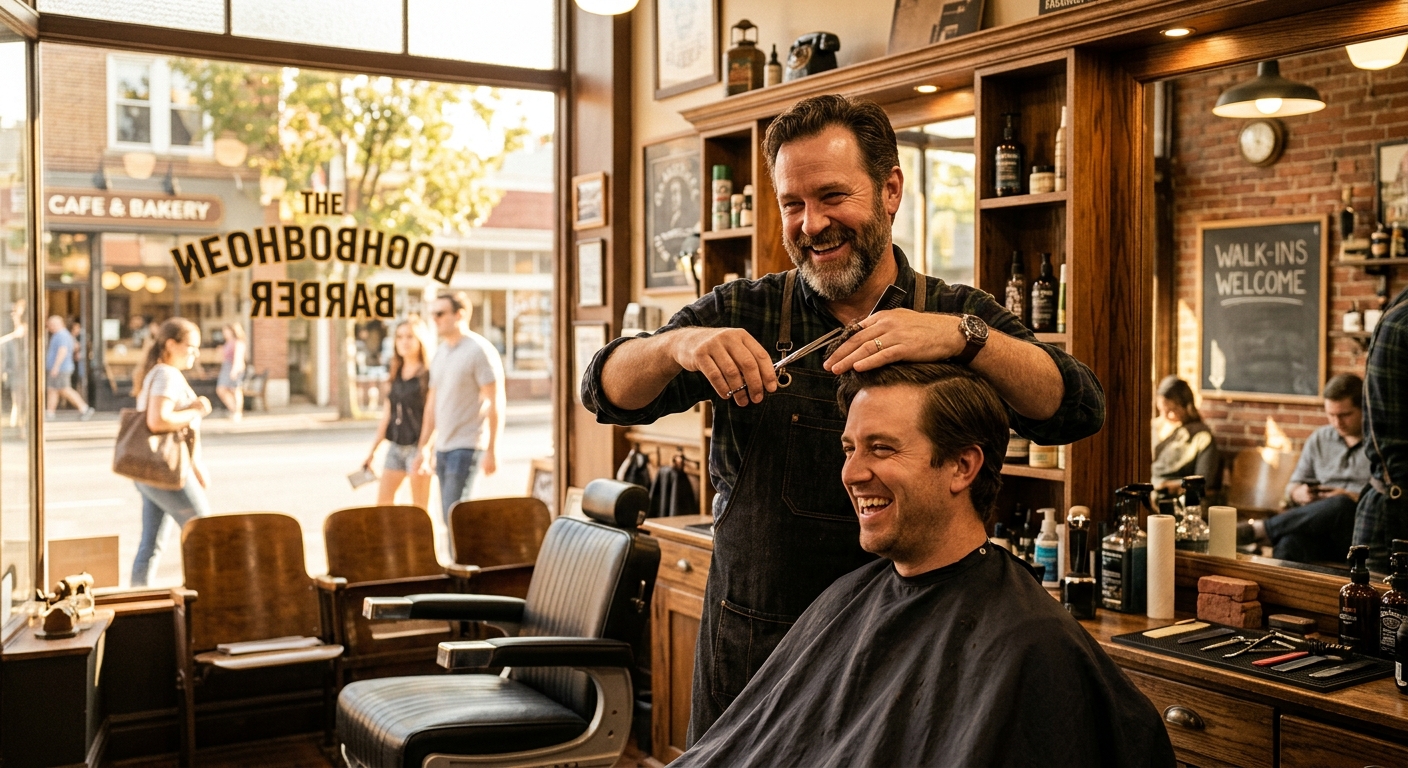 ספר מקצועי מחייך בזמן תספורת ללקוח מרוצה במספרת גברים שכונתית באווירת וינטג'