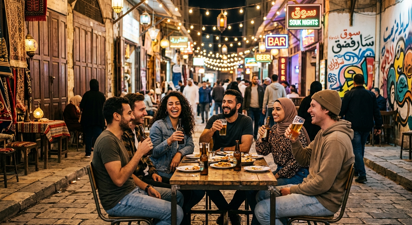 קבוצת חברים צעירים מחייכים וצוחקים, יושבים סביב שולחן עץ ושותים בירה בסמטת שוק תוססת בלילה המוארת בשרשראות תאורה ושלטי ניאון.