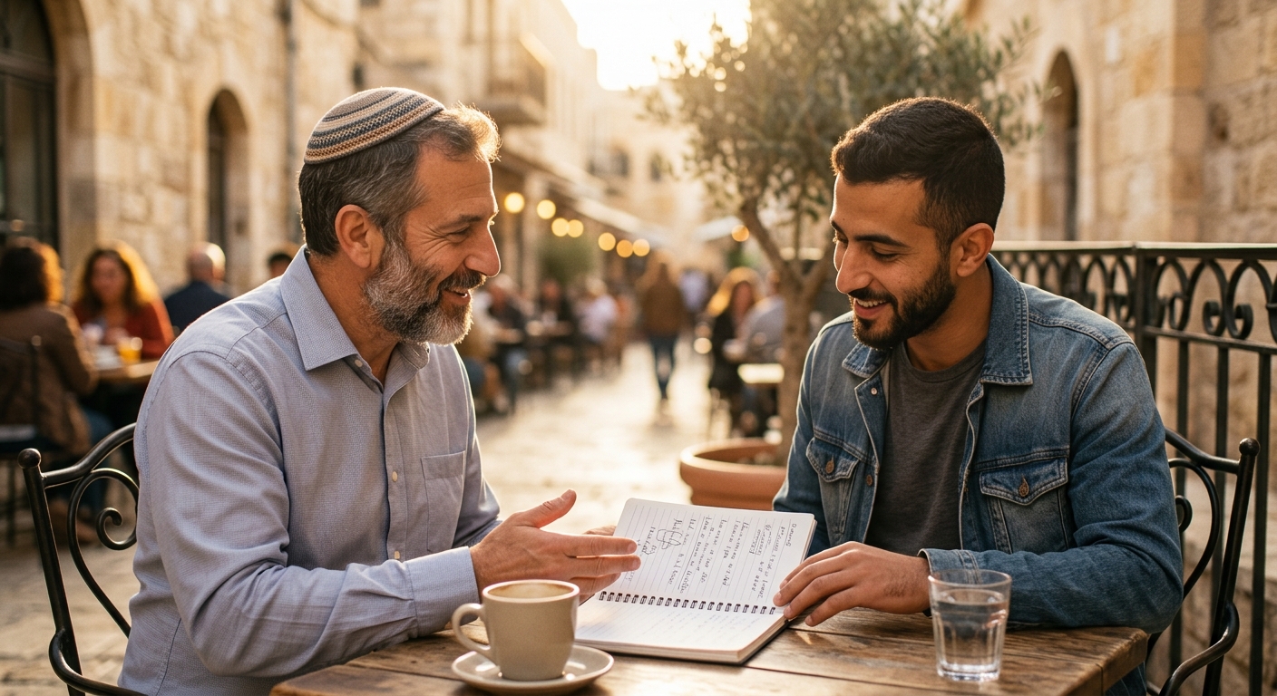 גבר יהודי חובש כיפה וגבר צעיר יושבים יחד בבית קפה בסמטה ירושלמית באווירה נינוחה, מחייכים ומסתכלים יחד במחברת פתוחה