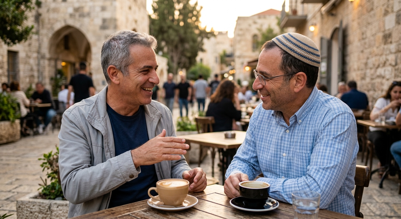 שני גברים יושבים ומשוחחים בחיוך על כוס קפה בבית קפה חיצוני בסמטה מרוצפת אבן.