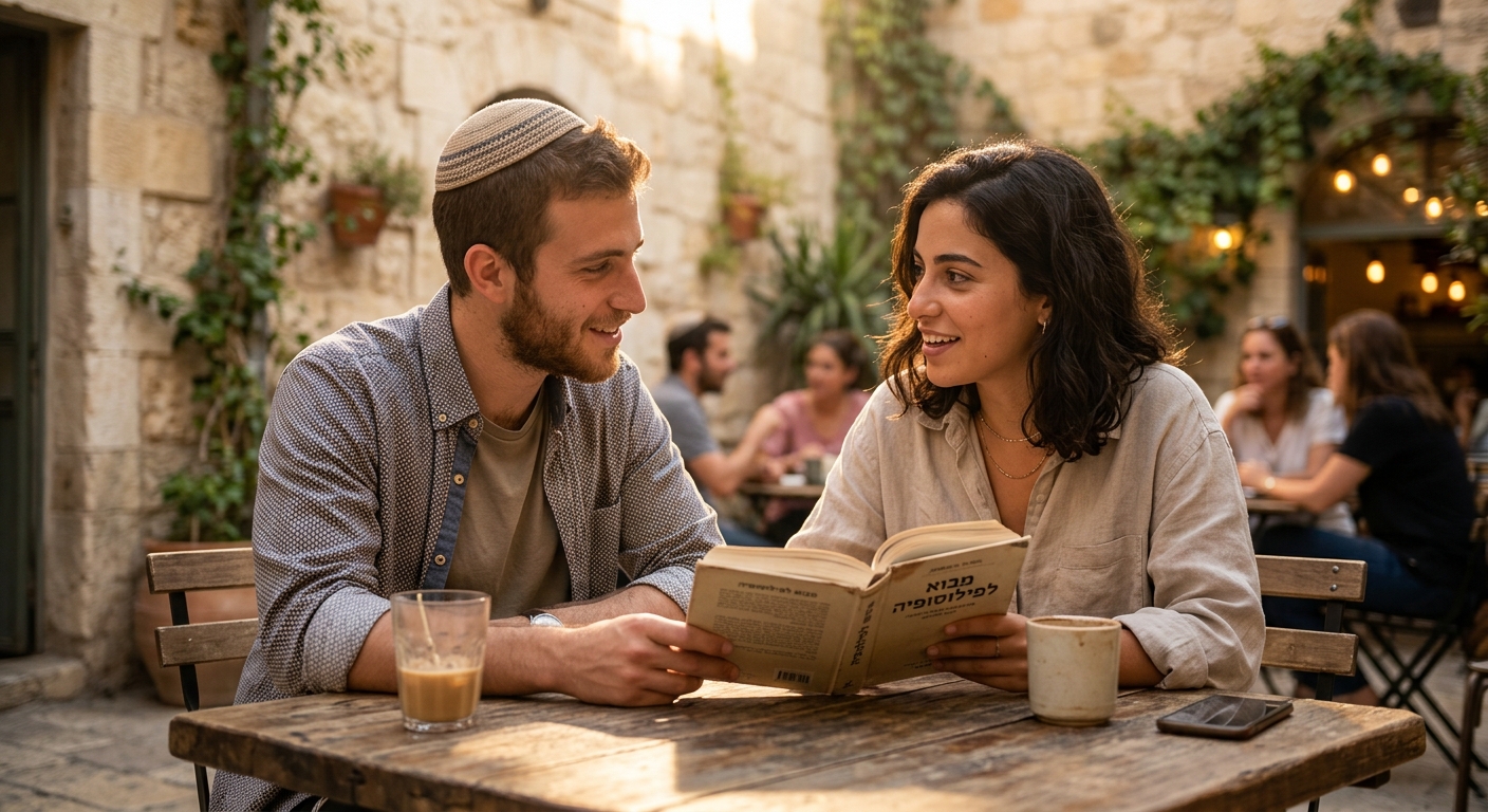 זוג צעיר, בחור חובש כיפה ובחורה, יושבים בבית קפה באווירה ירושלמית, משוחחים וקוראים יחד ספר.