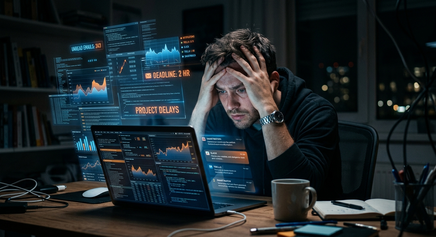 עובד הייטק לחוץ ומותש עובד עד מאוחר מול מחשב נייד, מוקף במסכים וירטואליים המציגים חריגה מזמנים, עומס נתונים והודעות