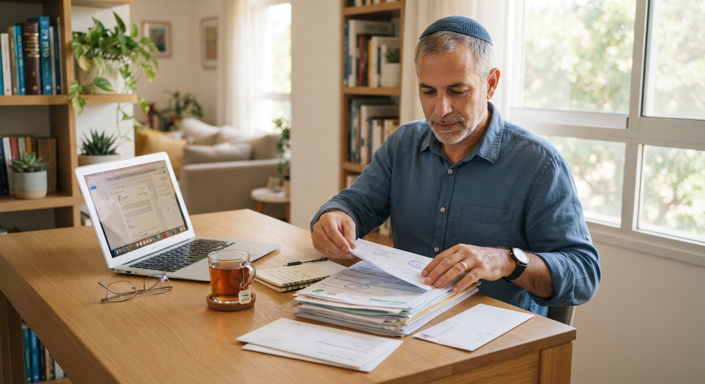 גבר מבוגר חובש כיפה יושב ליד שולחן עבודה ביתי ובודק מסמכים וחשבונות ליד מחשב נייד