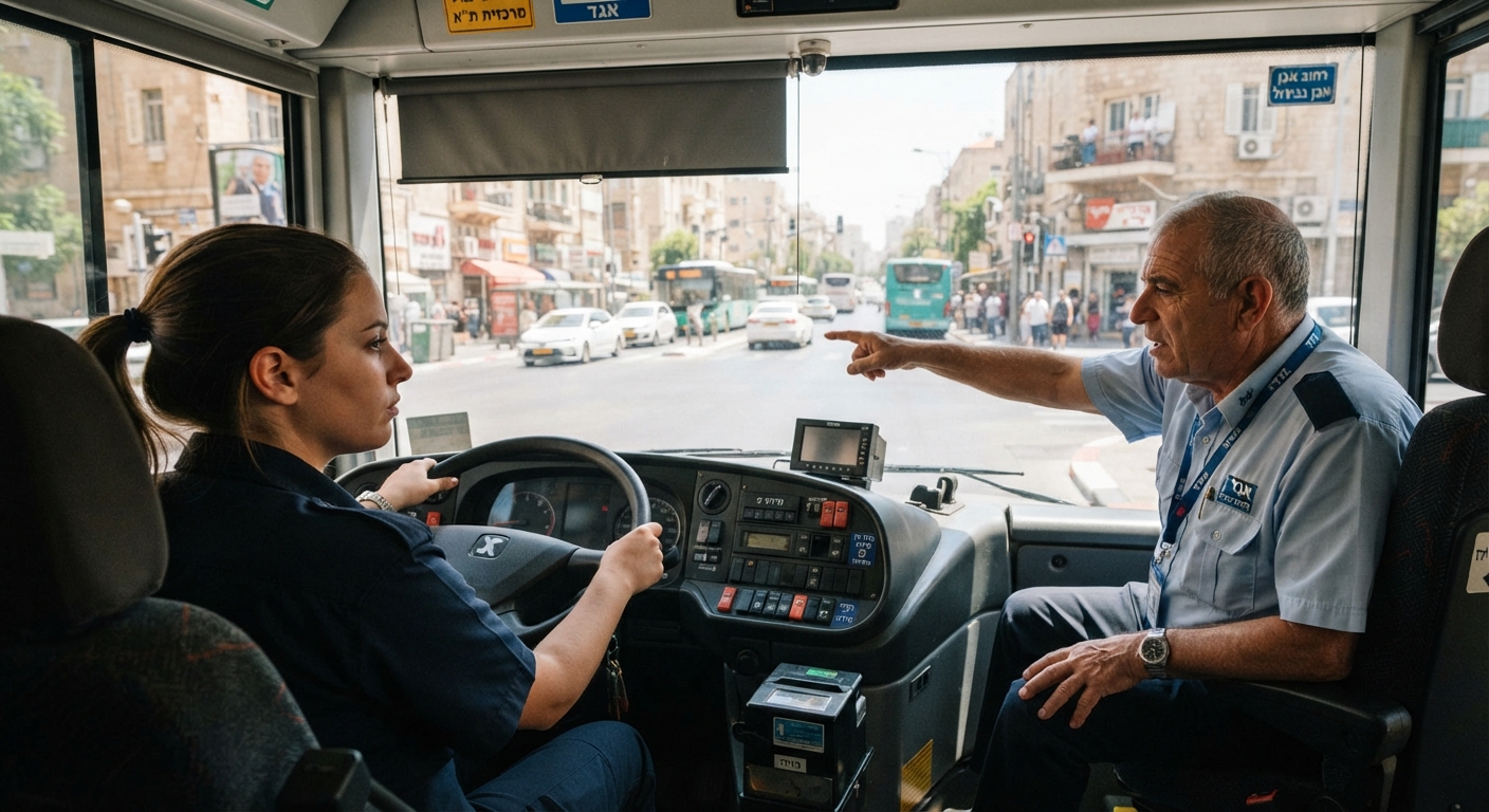 נהגת אוטובוס צעירה בהדרכת נהג ותיק של חברת אגד במהלך נסיעה בעיר