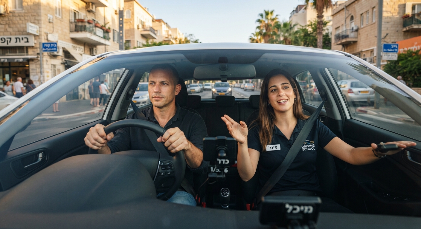 מורה לנהיגה מדריכה תלמיד במהלך שיעור נהיגה מעשי ברחוב עירוני