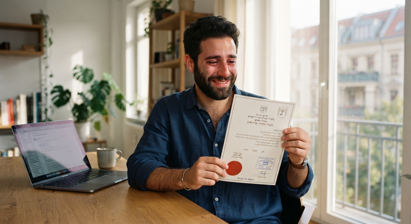 גבר מחייך ומתרגש עד דמעות מחזיק תעודת אזרחות או מסמך רשמי ליד מחשב נייד