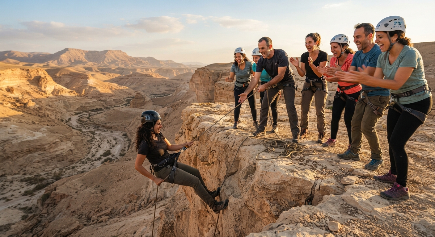 קבוצת אנשים בעיצומה של פעילות סנפלינג וגיבוש על מצוק במדבר יהודה