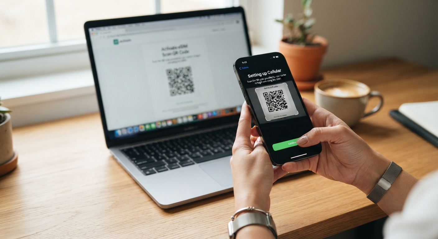 אדם סורק קוד QR ממסך מחשב נייד באמצעות סמארטפון לצורך הפעלת eSIM