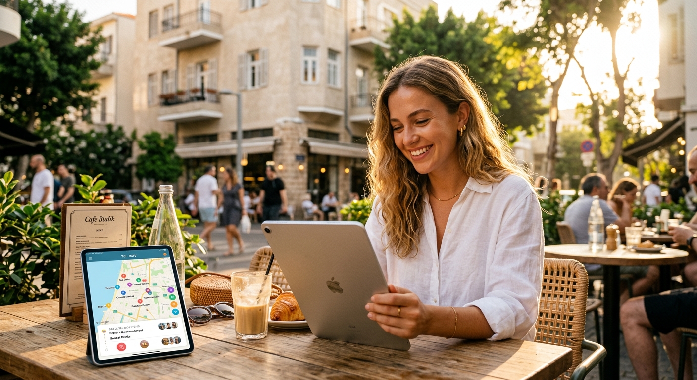 אישה צעירה מחייכת יושבת בבית קפה ברחוב בתל אביב ומחזיקה טאבלט. על השולחן מונחים טאבלט נוסף המציג מפת ניווט של תל אביב, כוס קפה קר וקרואסון.