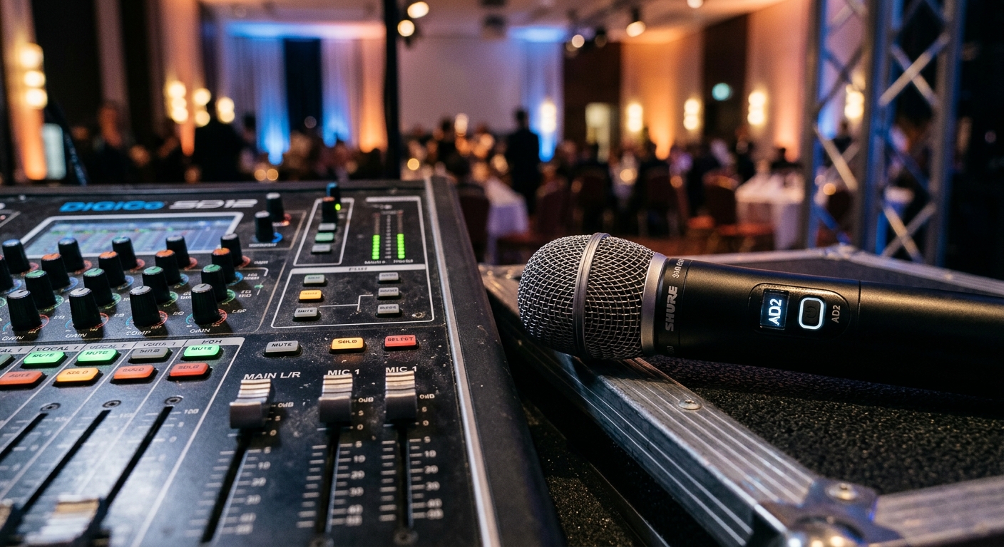 קונסולת סאונד מקצועית מיקסר DiGiCo SD12 ומיקרופון אלחוטי Shure על רקע אולם אירועים