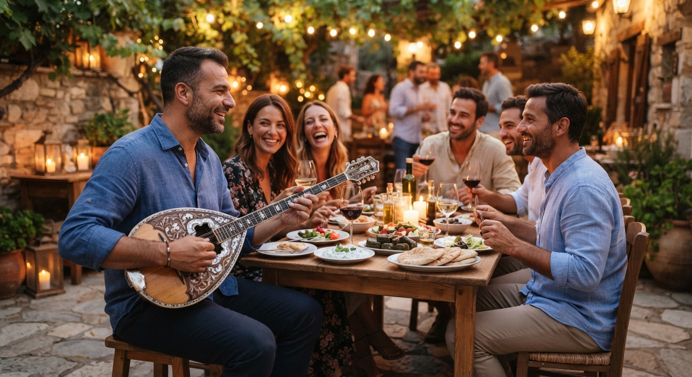 גבר מנגן בבוזוקי סביב שולחן אוכל חגיגי עם חברים בחצר ים-תיכונית מוארת