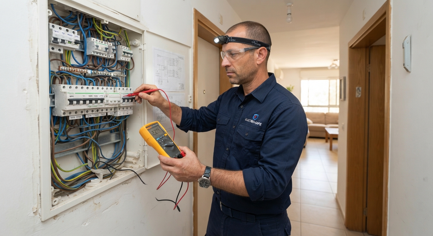 חשמלאי מוסמך בודק לוח חשמל ביתי באמצעות רב-מודד