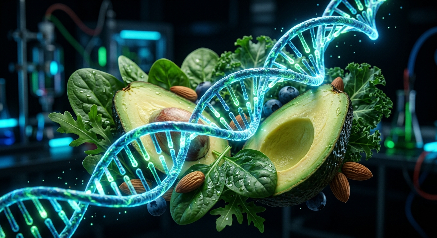 סליל DNA מואר ומרחף המשתלב עם מזון בריא כמו חצאי אבוקדו, שקדים, אוכמניות ועלים ירוקים, על רקע של מעבדה מדעית.