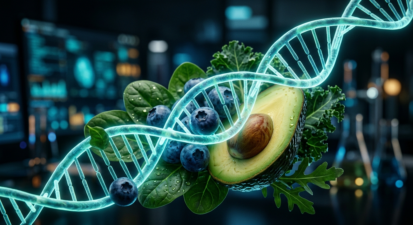 סליל DNA זוהר משתלב עם מזון בריא הכולל אבוקדו, אוכמניות ועלים ירוקים ברקע מעבדה טכנולוגית, הממחיש נוטריגנומיקה ותזונה מותאמת אישית.