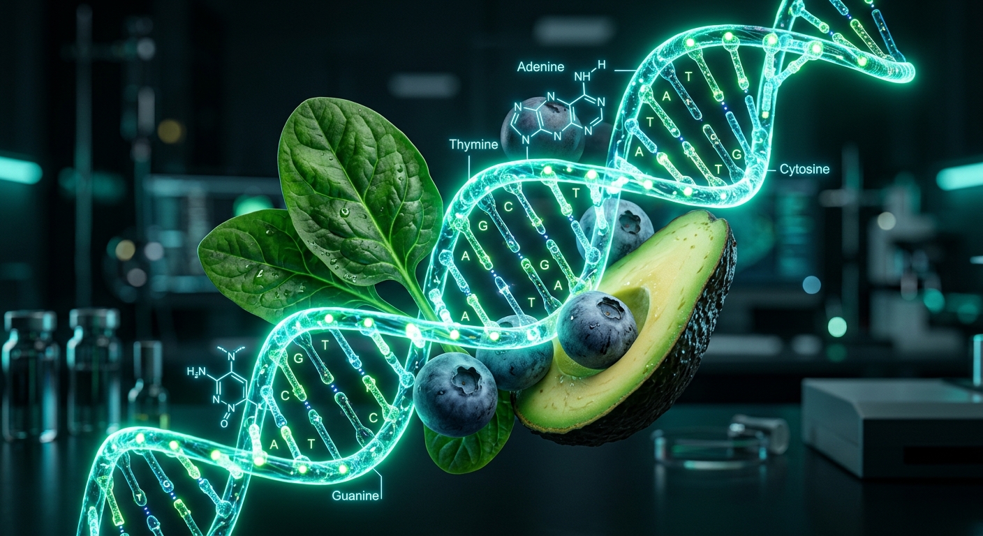 הדמיה תלת מימדית של סליל DNA מואר המשתלב עם מזונות על כמו אבוקדו, אוכמניות ועלי תרד בסביבת מעבדה, הממחיש את הקשר בין תזונה לגנטיקה