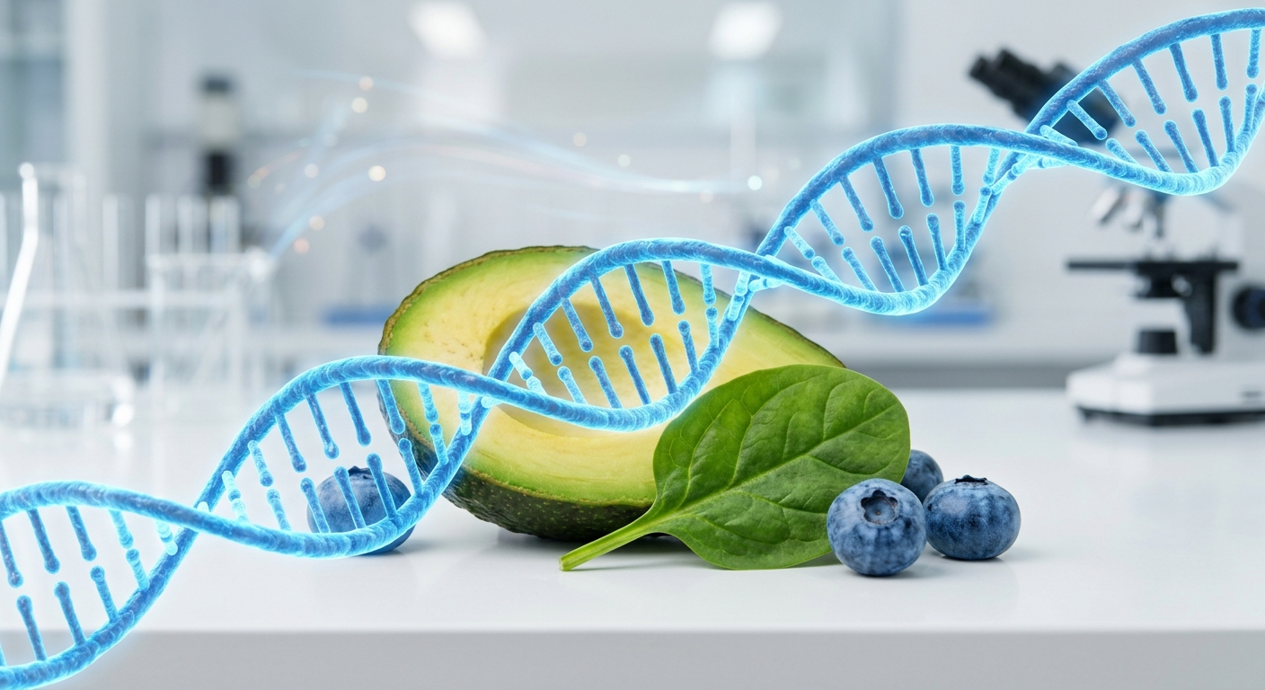 הדמיית סליל DNA כחול זוהר מעל אבוקדו, עלי תרד ואוכמניות בסביבת מעבדה מדעית
