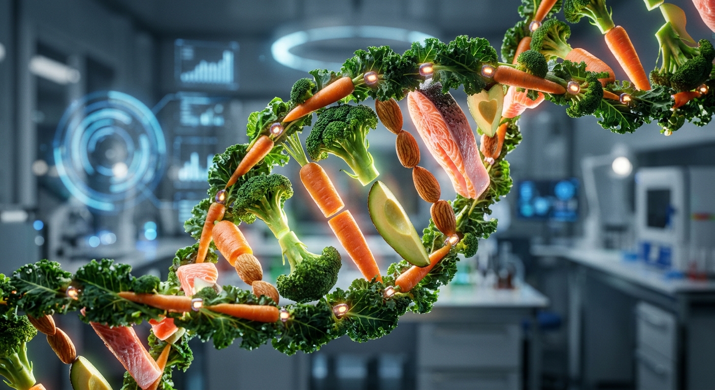אילוסטרציה תלת מימדית של סליל דנ"א (DNA) המורכב ממזונות מלאים ובריאים כגון סלמון, ברוקולי, אבוקדו, גזר ושקדים, מרחף על רקע של מעבדת מחקר מתקדמת.