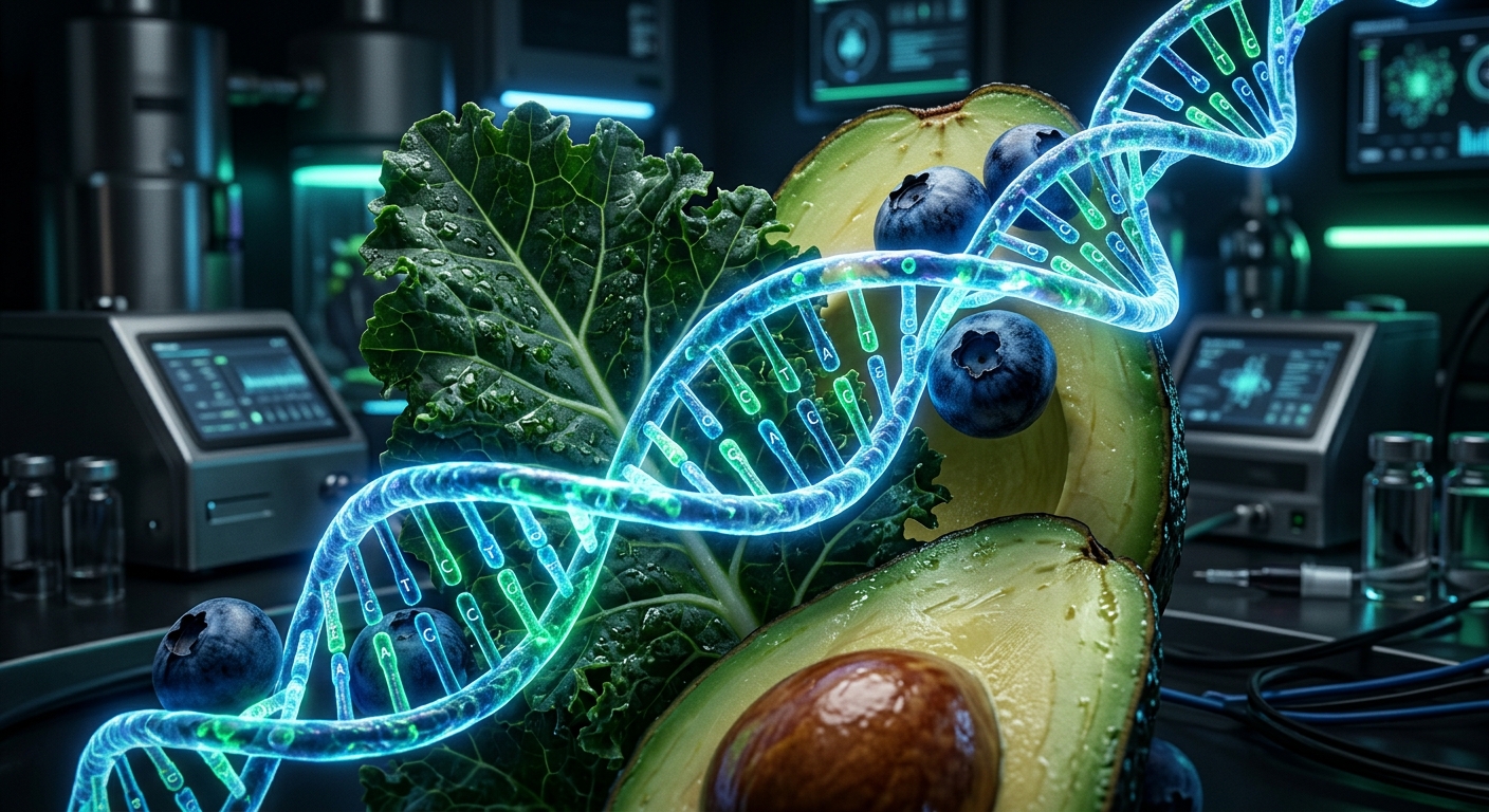 סליל DNA כחול וזוהר משתלב עם מזונות-על טריים הכוללים אבוקדו, אוכמניות ועלה קייל, על רקע מעבדת ביוטכנולוגיה מתקדמת.