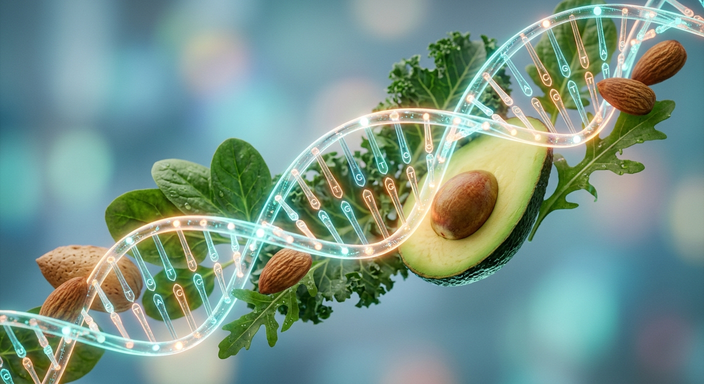 סליל DNA מואר השזור בתוך מזונות בריאים הכוללים אבוקדו, שקדים ועלים ירוקים, להמחשת הקשר בין תזונה לגנטיקה.