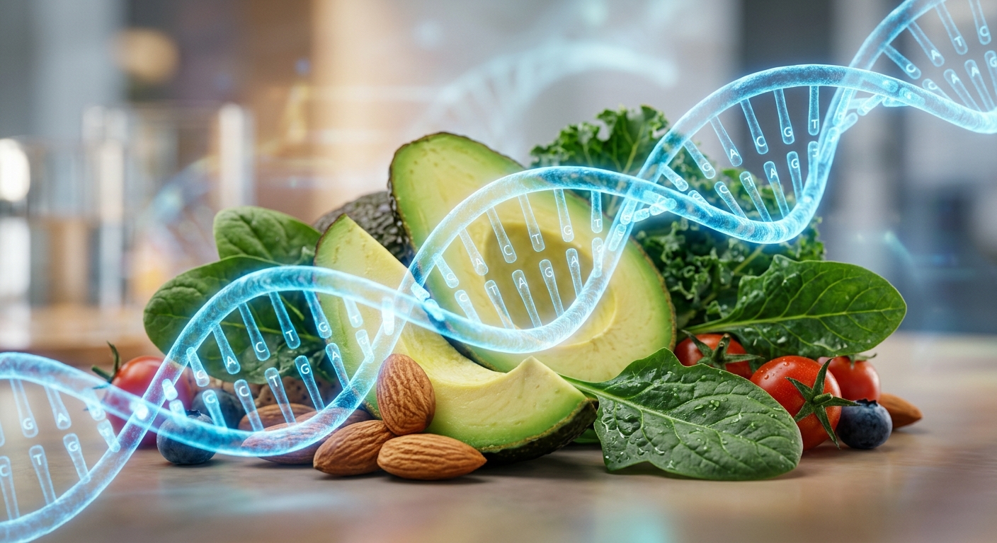סלילי DNA כחולים וזוהרים משולבים עם מזון טבעי ובריא הכולל אבוקדו, שקדים, תרד, עגבניות שרי ואוכמניות, להמחשת הקשר בין תזונה מותאמת אישית לגנטיקה.