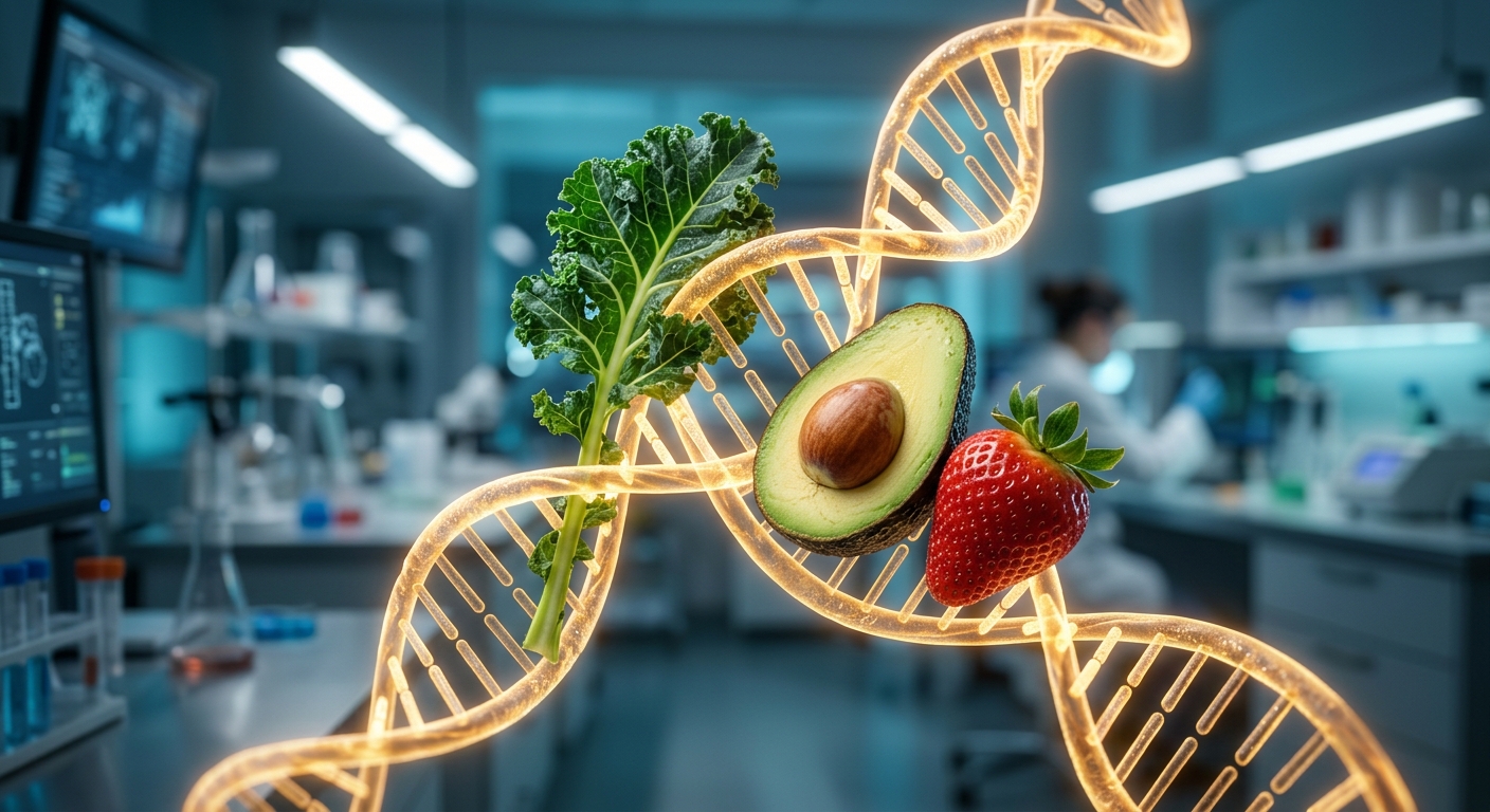 סליל DNA מואר המשתלב עם אבוקדו חצוי, תות שדה ועלה קייל על רקע מעבדת מחקר מודרנית