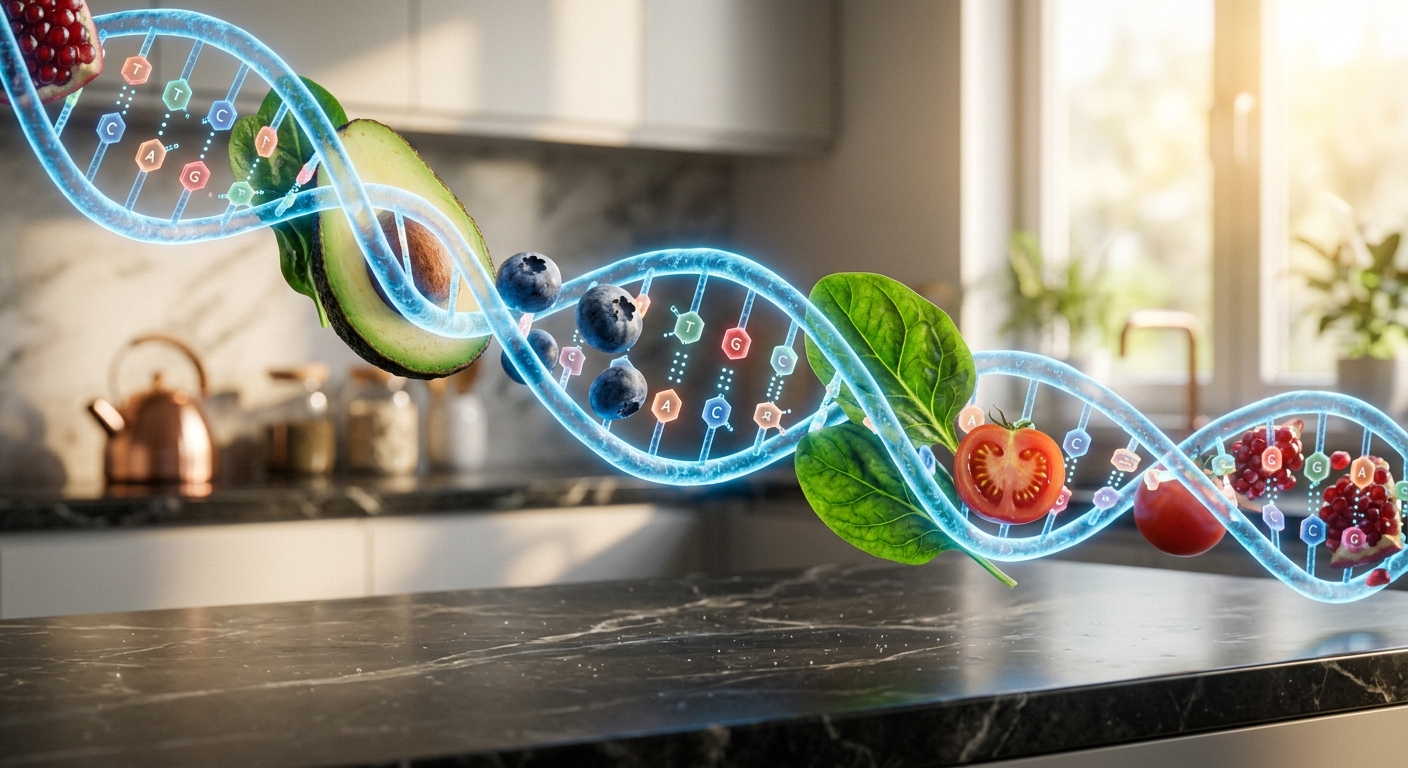 אילוסטרציה של סליל DNA משולב עם פירות וירקות טריים כמו אבוקדו, עגבנייה ואוכמניות מרחף במטבח מודרני, המייצג תזונה מותאמת אישית על בסיס גנטיקה