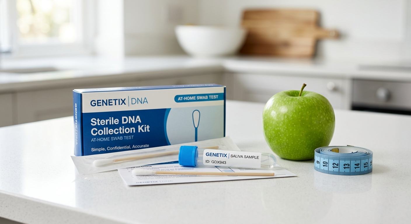 ערכת בדיקת DNA ביתית על דלפק מטבח, מונחת לצד תפוח ירוק וסרט מידה המייצגים תזונה ודיאטה מותאמת אישית
