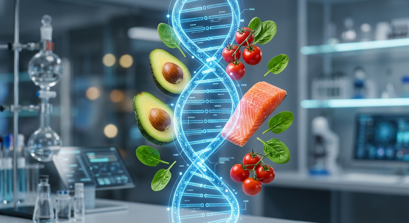 סליל DNA דיגיטלי וזוהר מוקף במזונות בריאים כמו סלמון, אבוקדו, תרד ועגבניות על רקע מעבדה מדעית