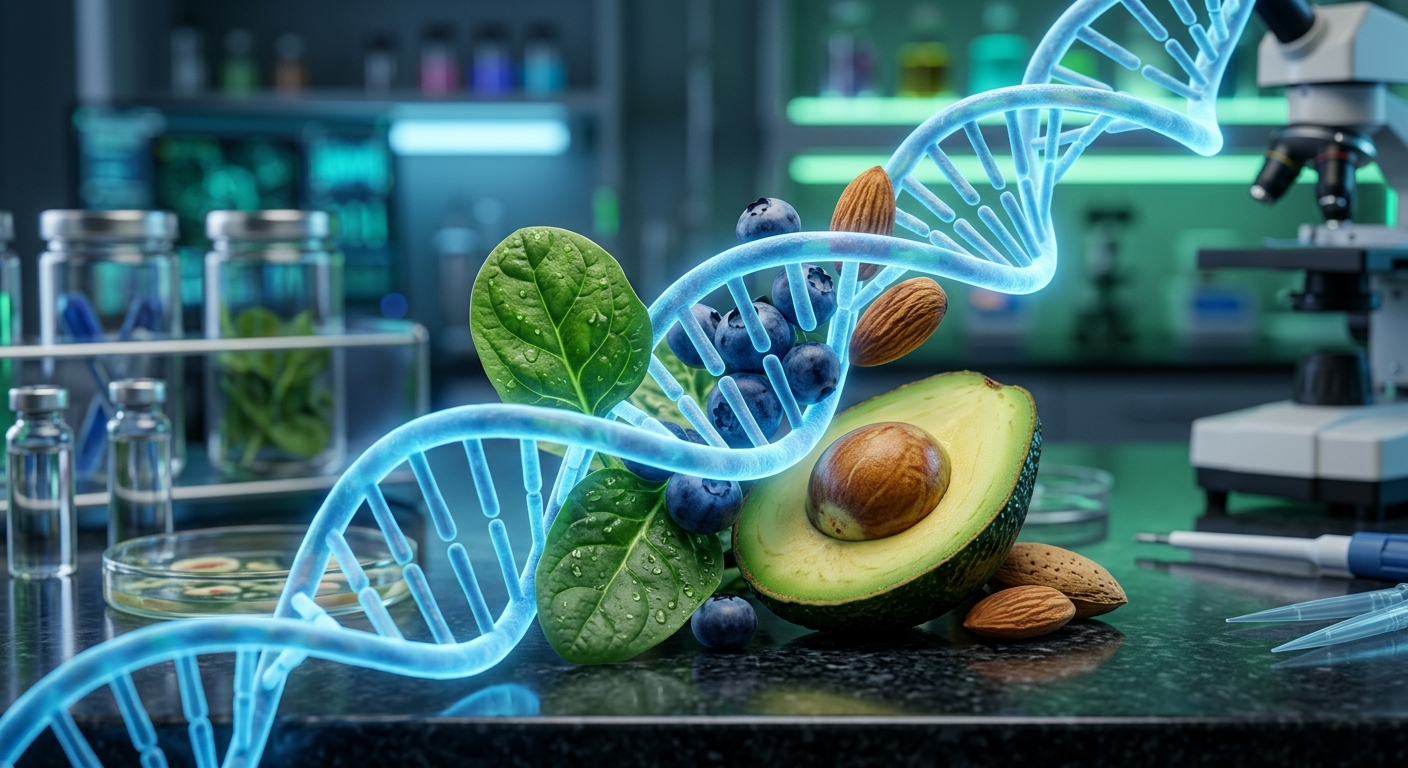 סליל DNA כחול וזוהר המשתלב עם אבוקדו, אוכמניות, שקדים ועלי תרד על גבי שולחן מעבדה מדעי עם מיקרוסקופ ברקע