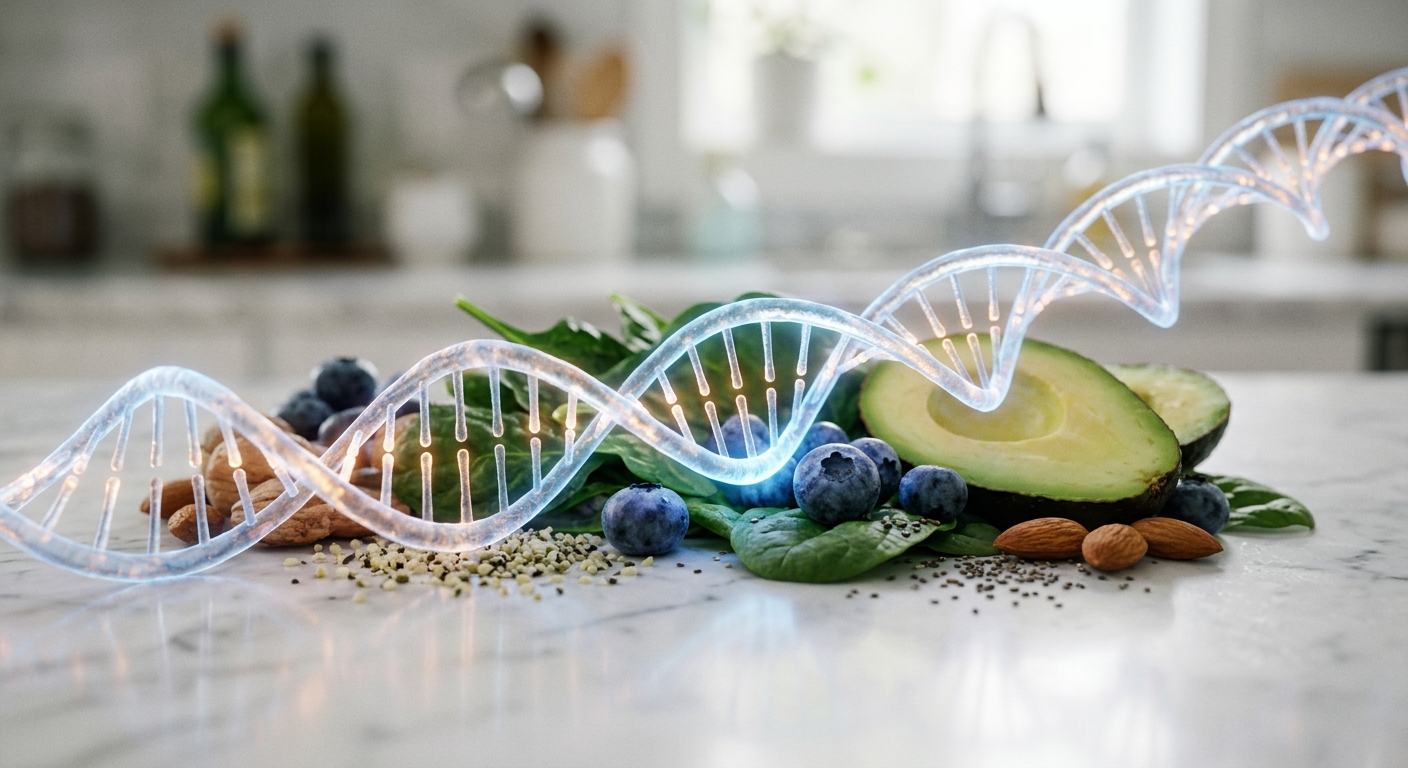 סליל DNA זוהר המשתלב עם מזון בריא הכולל אבוקדו, אוכמניות, שקדים, תרד וזרעים על שיש במטבח, להמחשת הקשר בין תזונה לגנטיקה