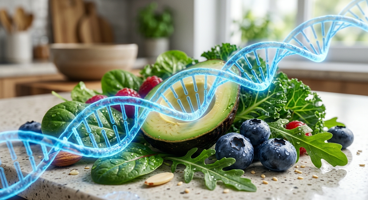 סליל DNA כחול וזוהר מרחף מעל מזונות בריאים הכוללים אבוקדו, אוכמניות, פטל ועלים ירוקים, המייצג את הקשר בין תזונה מותאמת אישית לגנטיקה