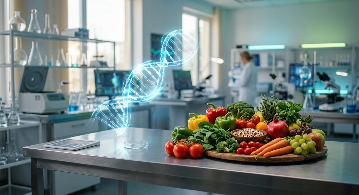 הולוגרמה של סליל DNA מרחפת מעל מגש פירות, ירקות ודגנים במעבדת מחקר, המייצגת הנדסה גנטית ומדע המזון