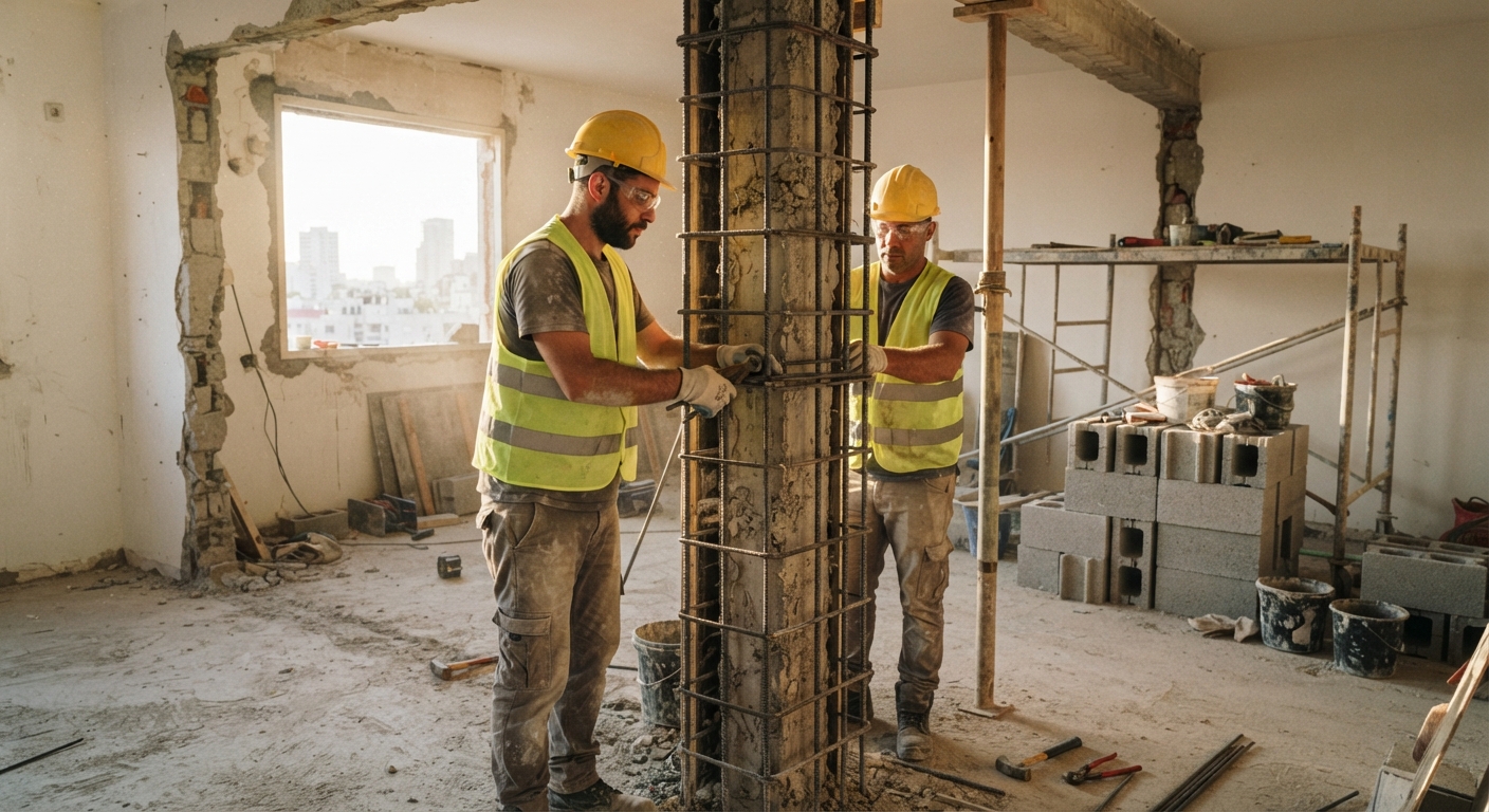 שני פועלי בניין עם קסדות מגן מחזקים עמוד בטון תומך בעזרת ברזל זיון באתר שיפוצים