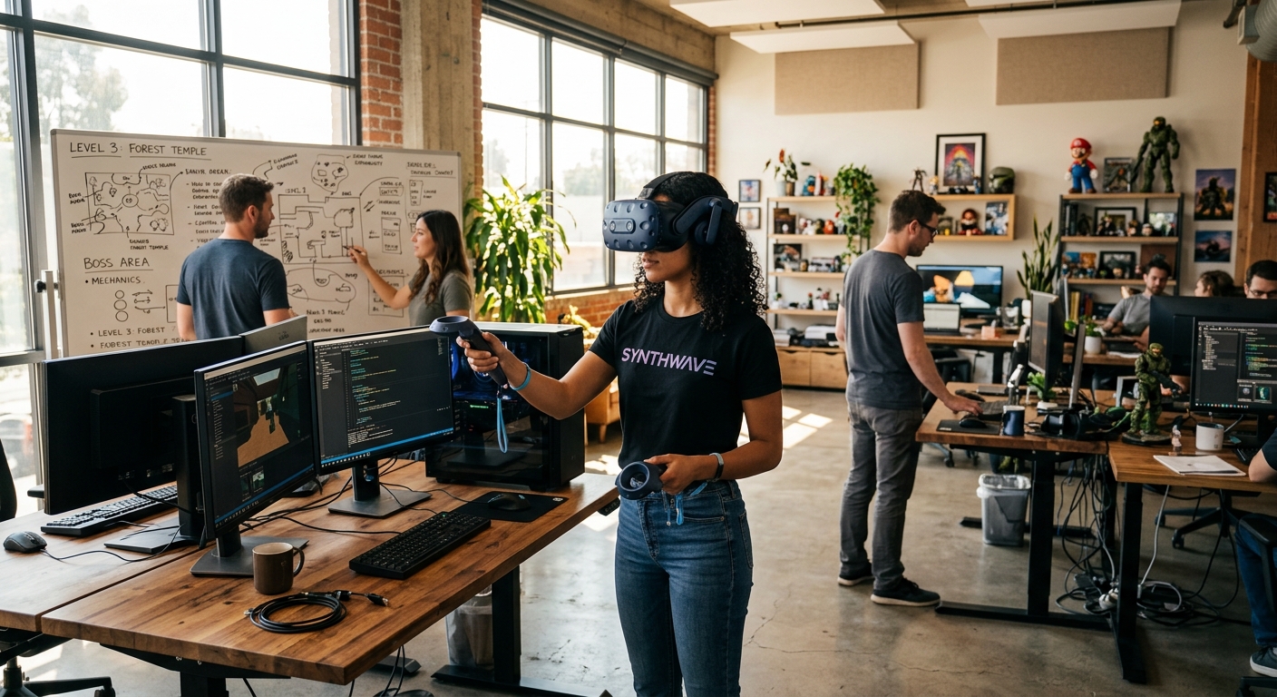 מפתחת משחקים בודקת משחק מציאות מדומה (VR) בעזרת קסדה ובקרים בסטודיו מודרני לפיתוח משחקי וידאו, בזמן שצוות מתכנתים ומעצבים עובד ברקע על מחשבים ולוח תכנון.