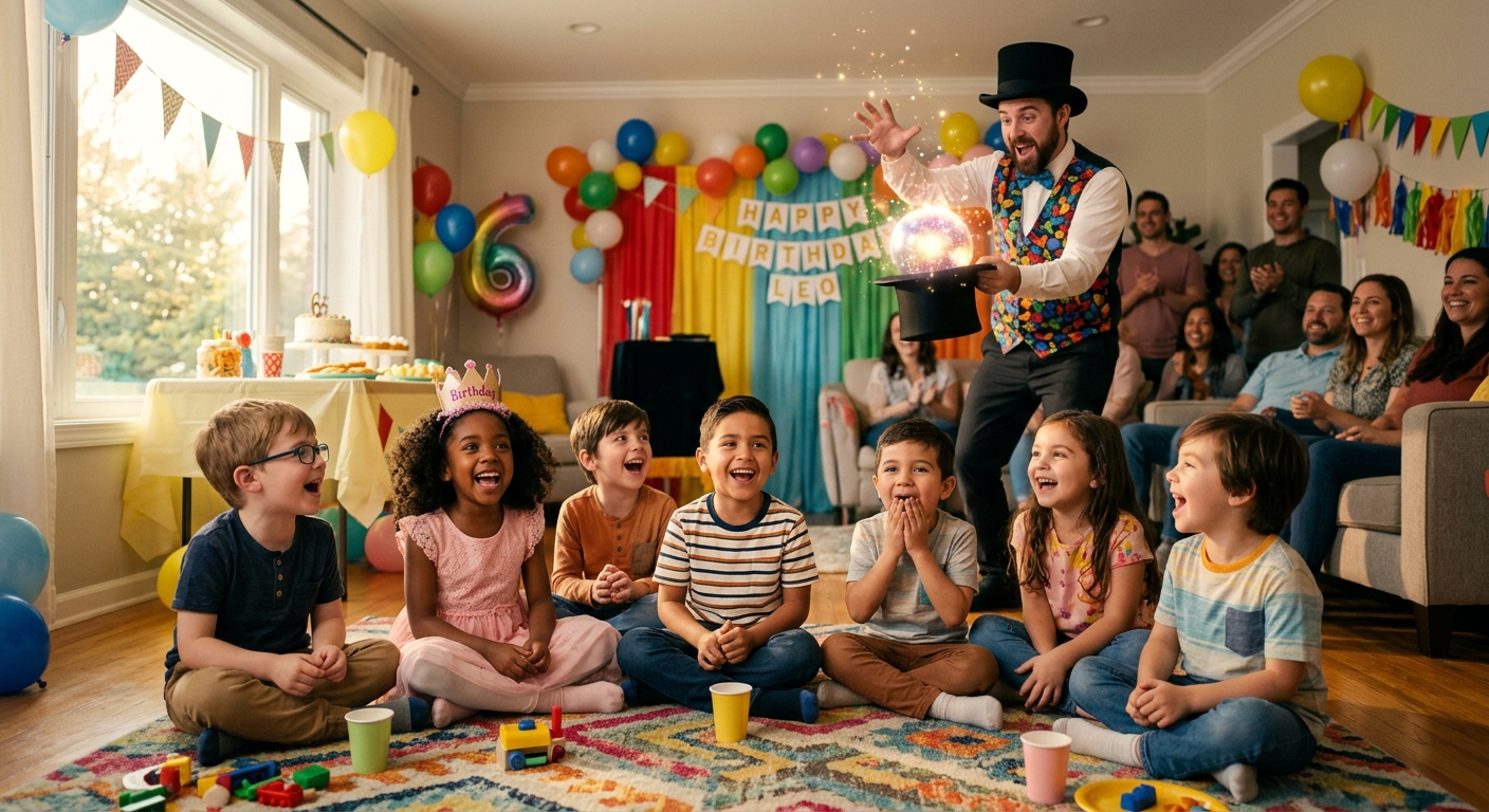 קוסם לילדים מופיע במסיבת יום הולדת 6 בבית ומציג קסם מואר מתוך כובע צילינדר מול קבוצת ילדים היושבים על השטיח וצוחקים בהתלהבות.