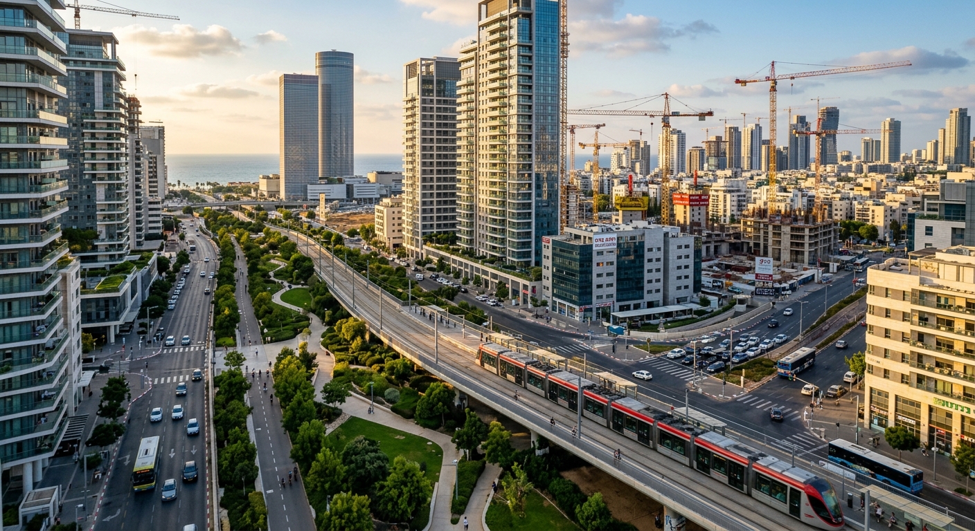 רכבת קלה נוסעת על גשר עילי בנוף עירוני מודרני הכולל גורדי שחקים, מנופי בנייה, תנועת רכבים בכבישים ופארקים ירוקים.