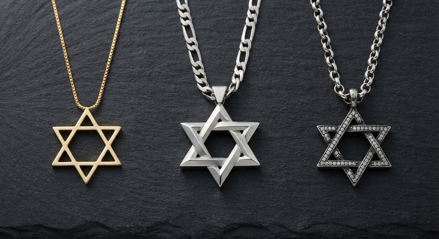 שלוש שרשראות עם תליון מגן דוד מזהב ומכסף על משטח אבן שחור