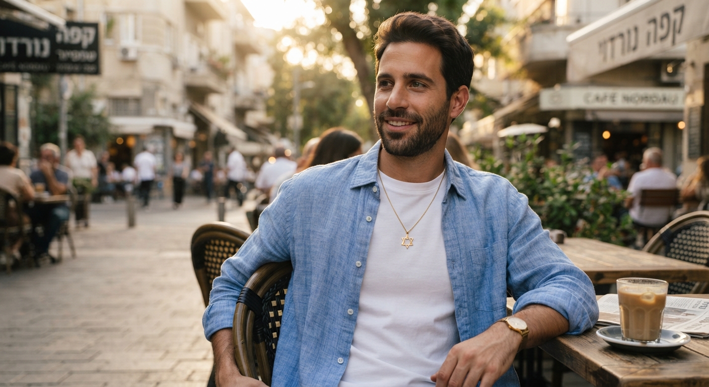 גבר צעיר ומחייך עונד שרשרת מגן דוד זהב ויושב בבית קפה ברחוב בתל אביב