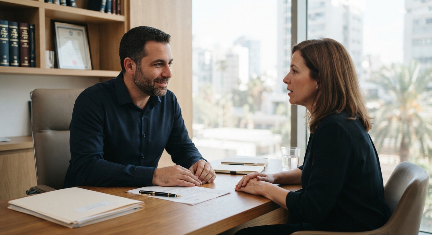 עורך דין או יועץ מקצועי יושב ליד שולחן במשרד ומקיים פגישת ייעוץ אישית עם לקוחה