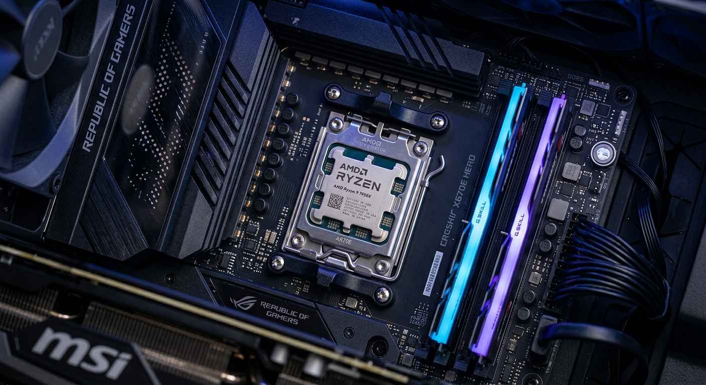 מעבד AMD Ryzen 9 7950X מותקן על לוח אם ASUS ROG Crosshair X670E Hero בתוך מארז מחשב גיימינג, לצד זכרונות RAM עם תאורת RGB של G.Skill