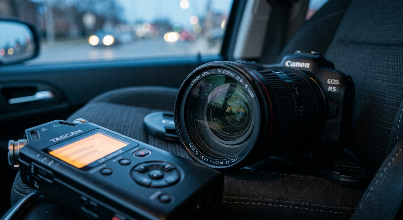 מצלמת Canon EOS R5 מקצועית עם עדשת 70-200 מ"מ ומקליט קול Tascam מונחים על מושב רכב