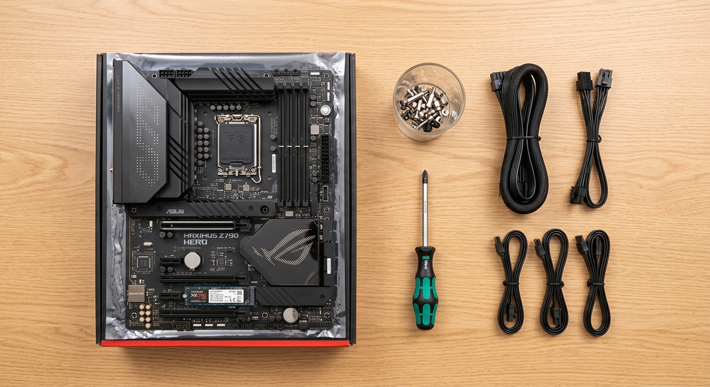 לוח אם מסוג ASUS ROG Maximus Z790 Hero מונח על קופסה ושקית אנטי-סטטית על שולחן עץ, לצד מברג, כוס ברגים וכבלים למחשב