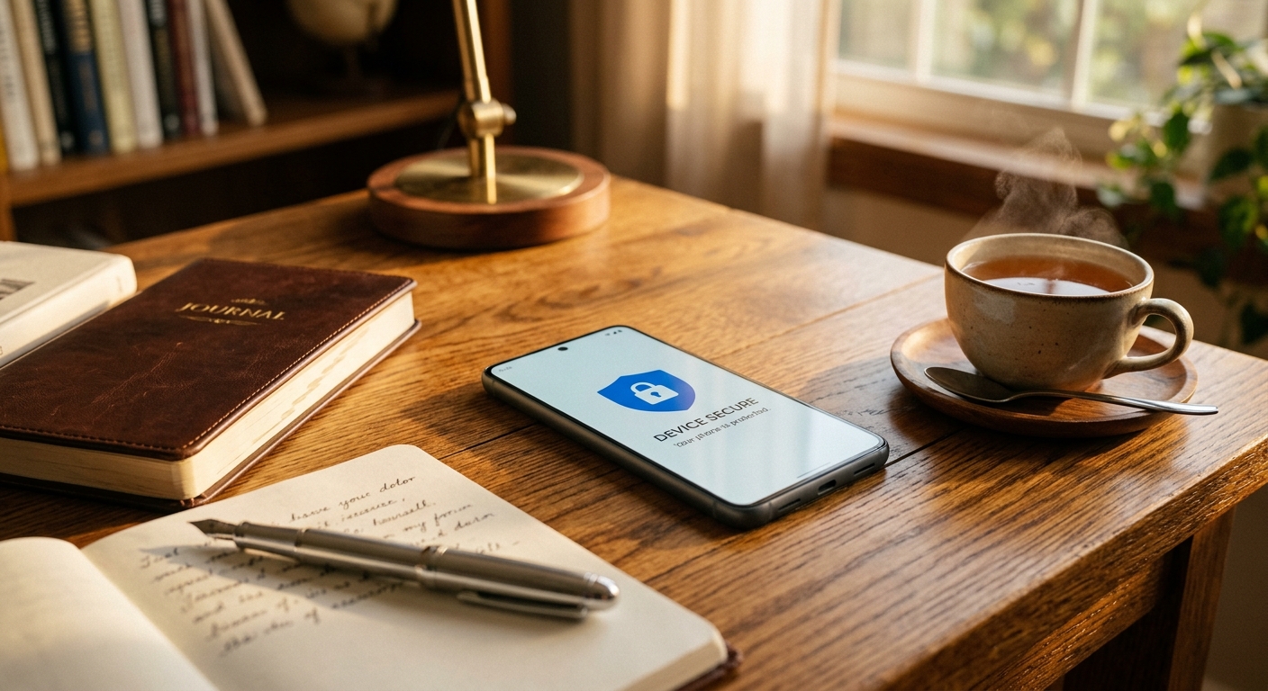 סמארטפון מונח על שולחן עץ המציג סמל של מגן ומנעול עם הודעת אבטחה, לצד מחברת פתוחה, עט וכוס שתייה חמה, המייצג אבטחת מידע והגנה על מכשירים ניידים.