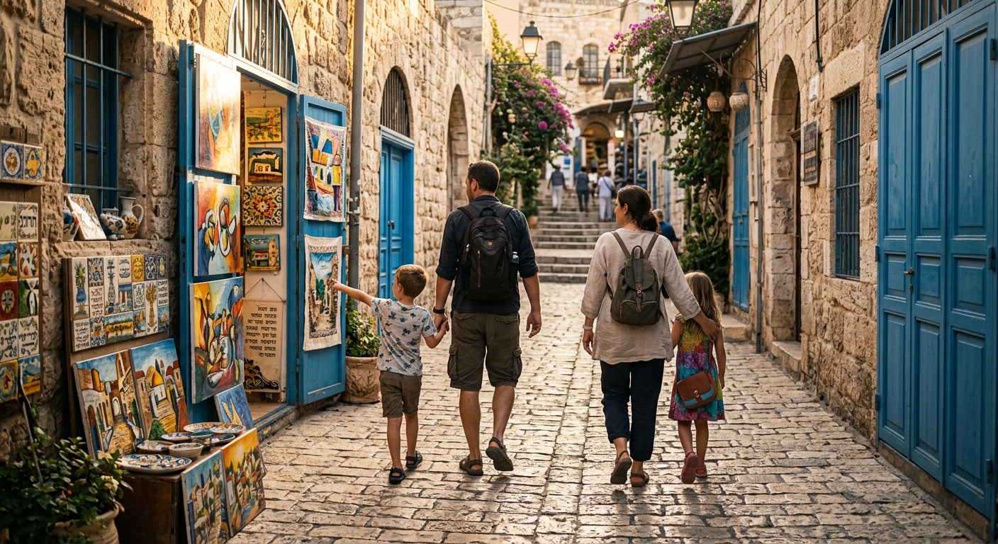 משפחה עם ילדים מטיילת בסמטת אמנים מרוצפת אבן בעיר עתיקה, לצד גלריות, ציורים צבעוניים ודלתות עץ כחולות