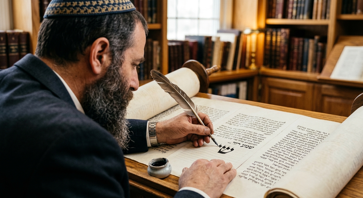 סופר סת"ם יהודי עטור זקן וכיפה כותב ספר תורה על גבי קלף באמצעות קולמוס נוצה ודיו