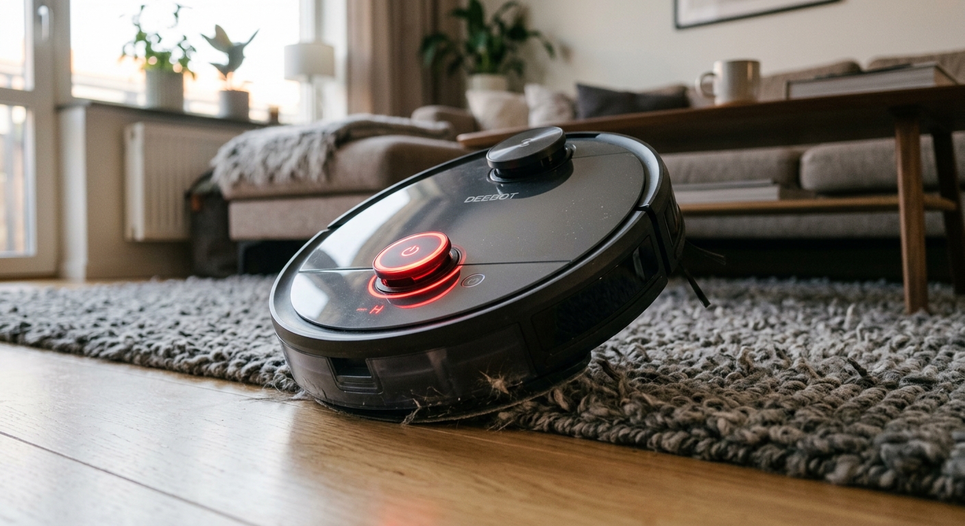 שואב אבק רובוטי חכם מסוג DEEBOT מנקה רצפת פרקט ושטיח עבה בסלון