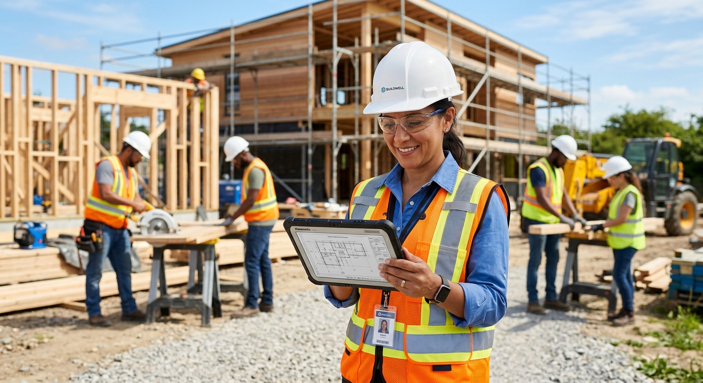 מהנדסת בניין חובשת קסדה ואפוד בטיחות מסתכלת על תוכניות אדריכליות בטאבלט באתר בנייה של בתי עץ, כשברקע פועלים עובדים על השלד.