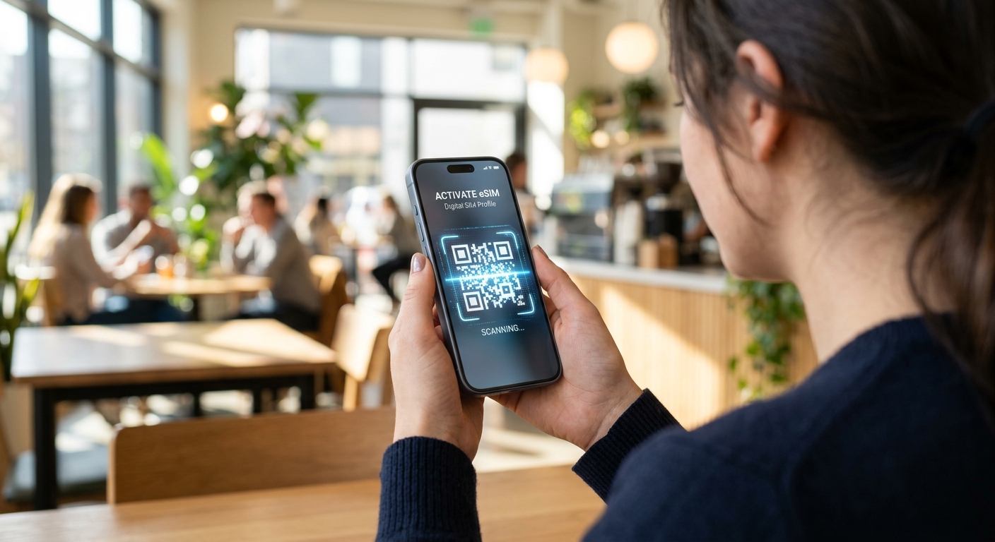 אישה סורקת קוד QR במסך הסמארטפון להפעלת פרופיל eSIM בזמן ישיבה בבית קפה