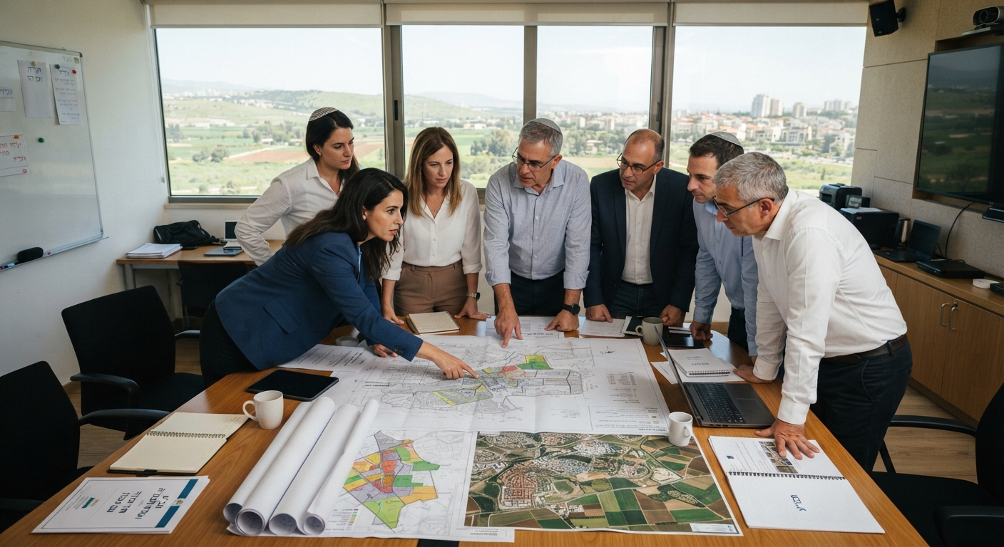 צוות אנשי מקצוע, אדריכלים ומתכננים דנים סביב שולחן ישיבות על תוכניות בנייה ומפות תכנון עירוני